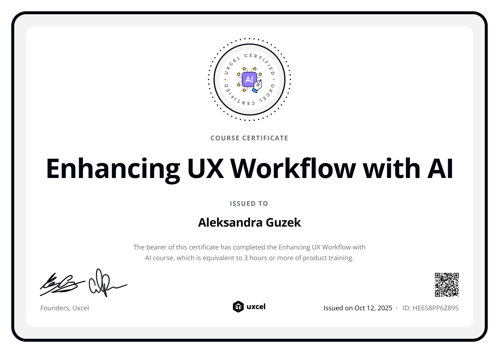 Aleksandra Guzek's certificate